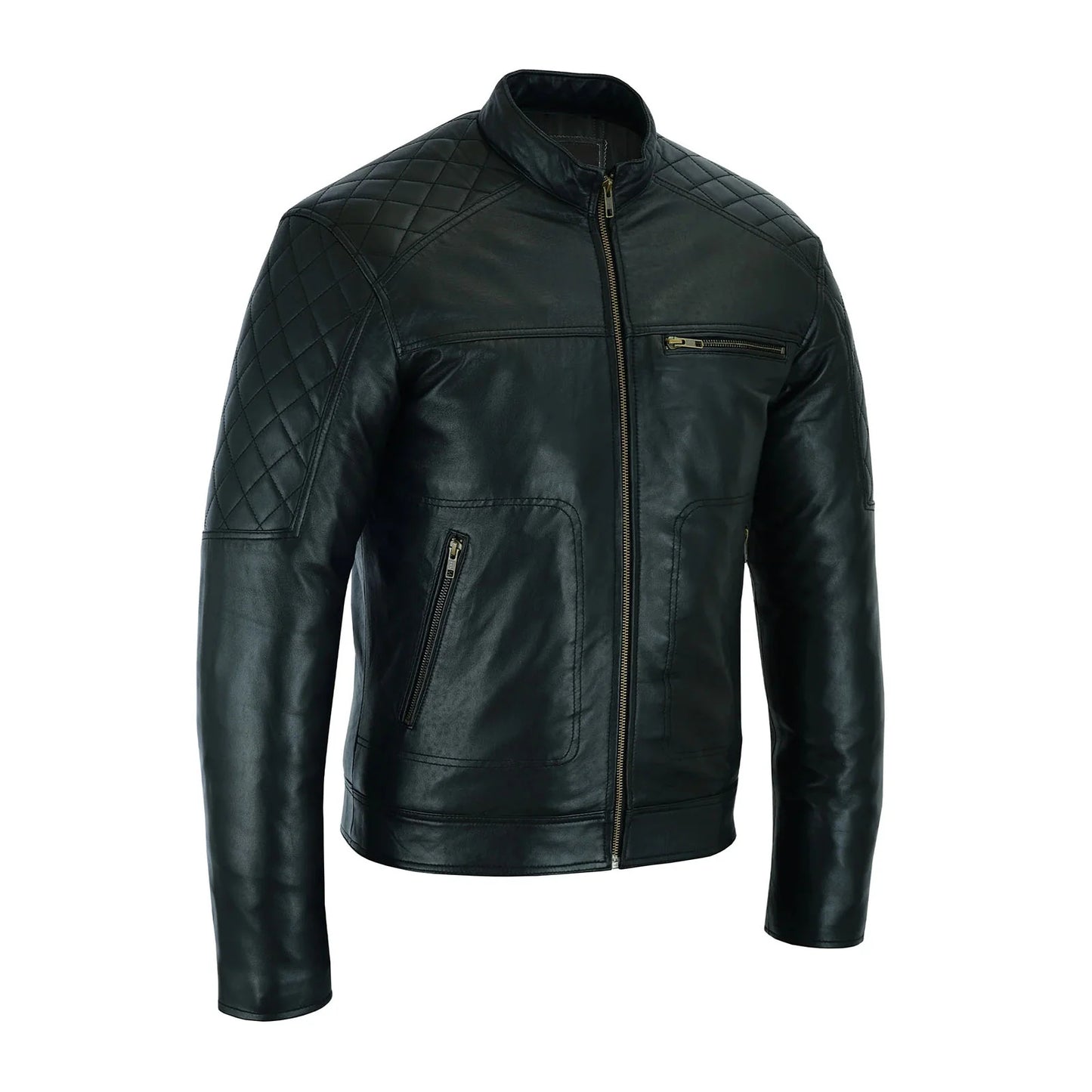 Men Slim Fit Vintage Genuine Sheep Leather Biker Jacket Black
