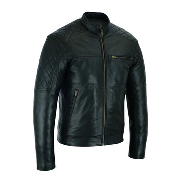 Men Slim Fit Vintage Genuine Sheep Leather Biker Jacket Black